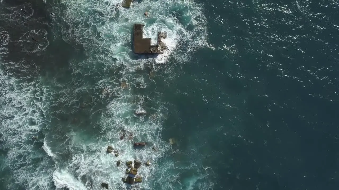 Aerial view of the waves destruction on the deactivated marina of Lugar de Baixo Ponta do sol Madeira Ísland Portugal