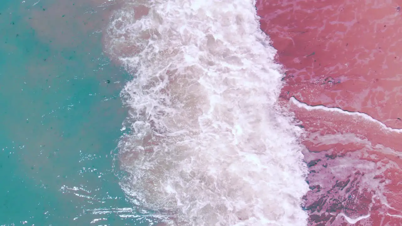 Top aerial view of sea-green waves crashing against pink shore static