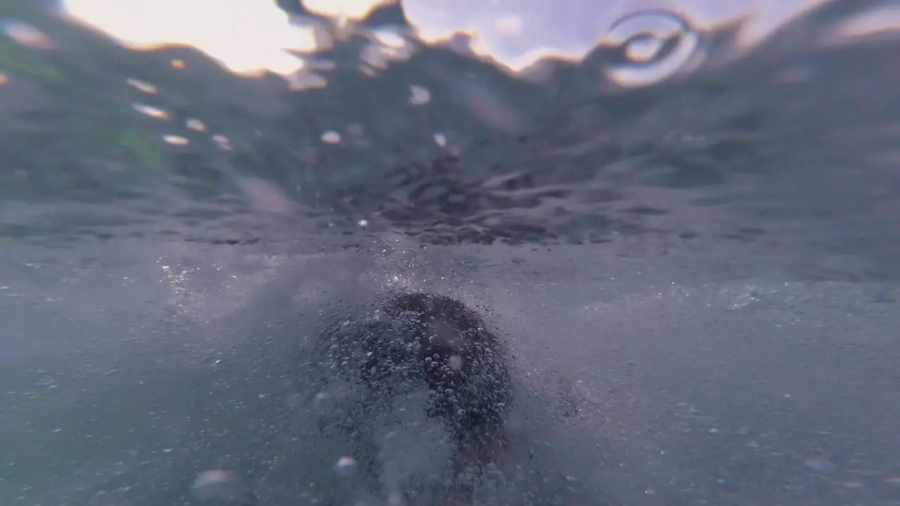 Man dives with surf board underwater to pass the ocean wave