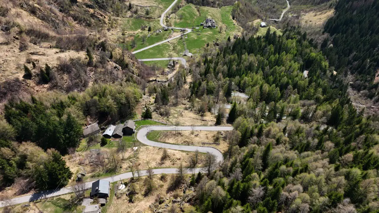 Aerial wide shot tilting downward onto a curvy road with green patches of grass surrounded by brown grass and evergreen trees