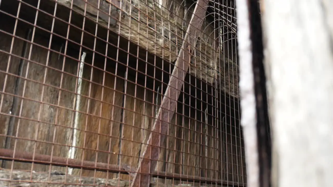 Grungy vintage weathered wooden textured timber and rusty steel mesh parallax left shallow focus