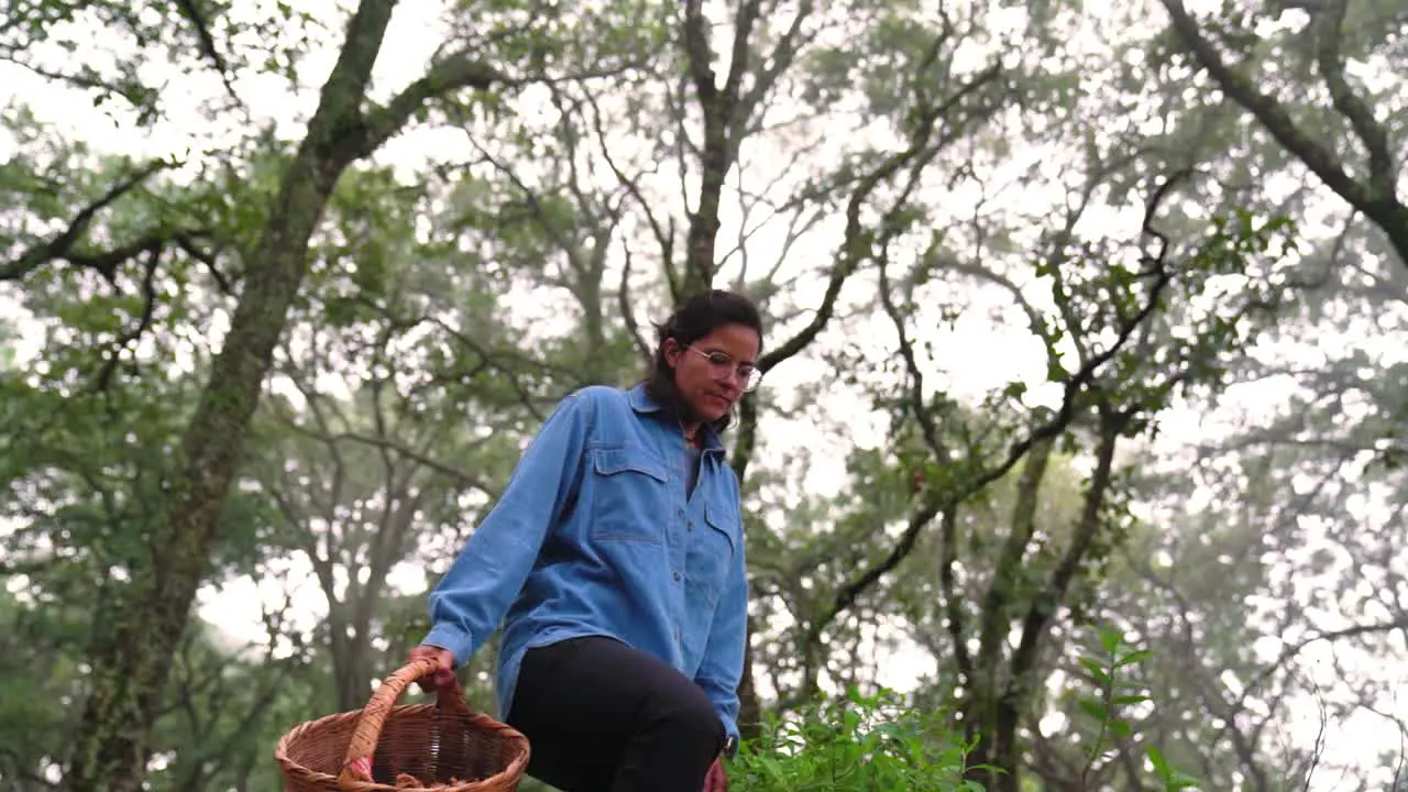 Woman with basket walking through stones in forest