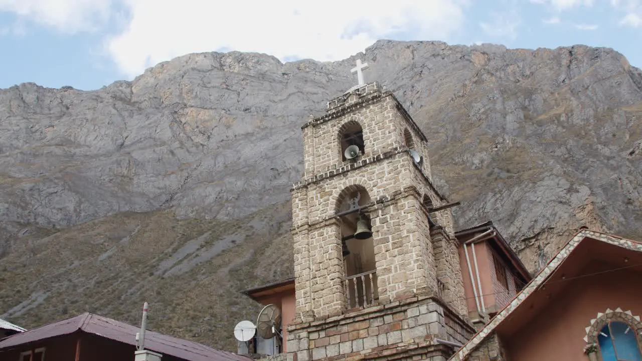 Huacaya church bell tower and mountain 4k