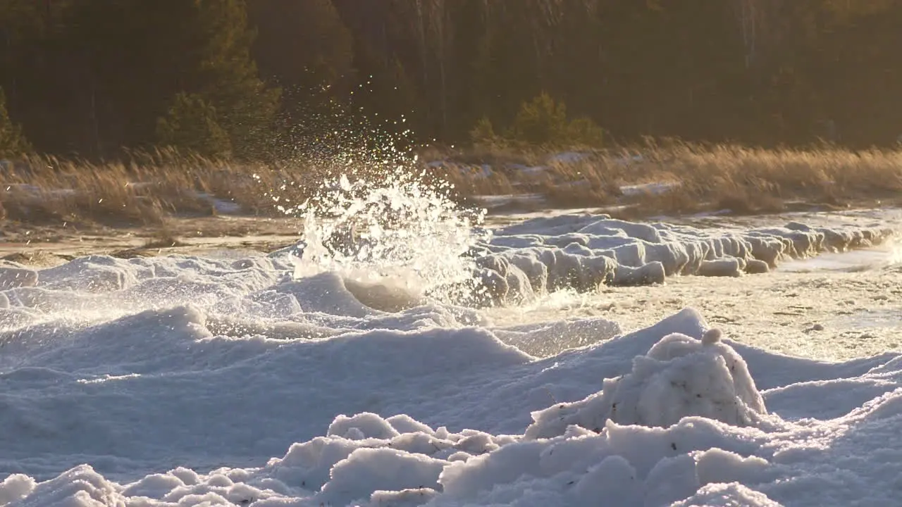 Aggressive and strong ocean waves hitting icy coastline slow motion