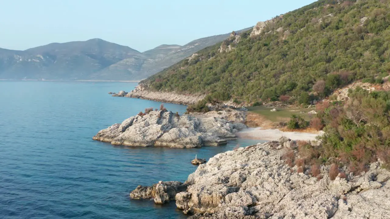 Aerial shot flying along the coastline of Cres Island