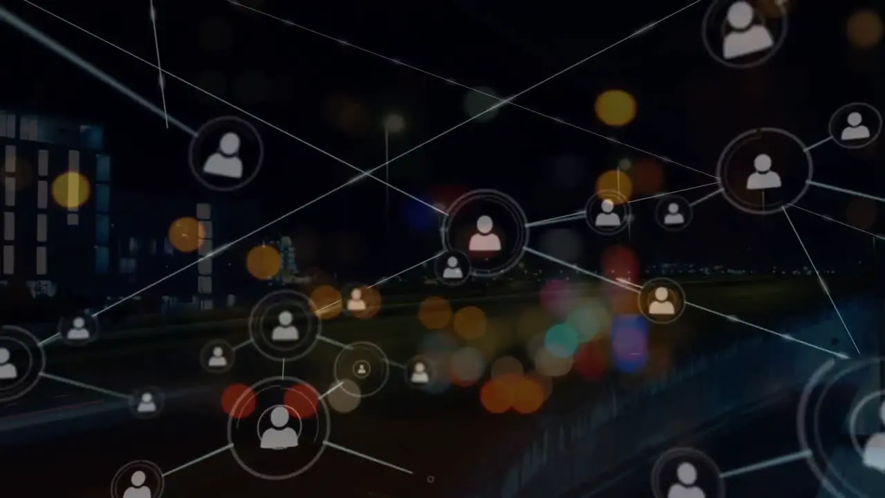 Animation of network of profile icons against night city traffic