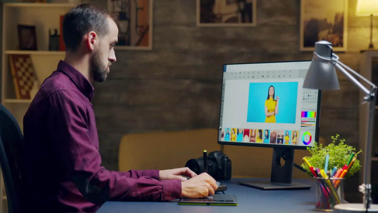 Photographer looking closely to computer while retouching photos