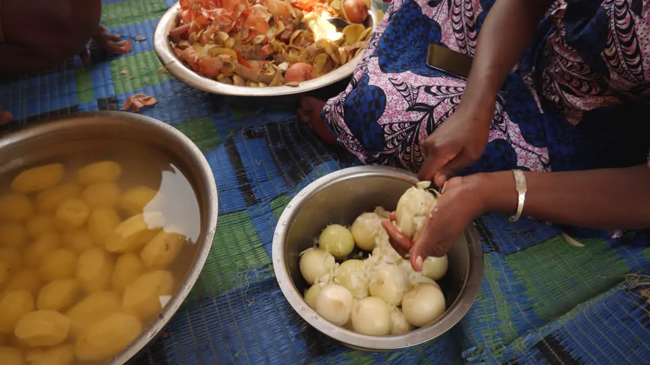 A shot of two black woman hands cutting an onion for the food on the floor