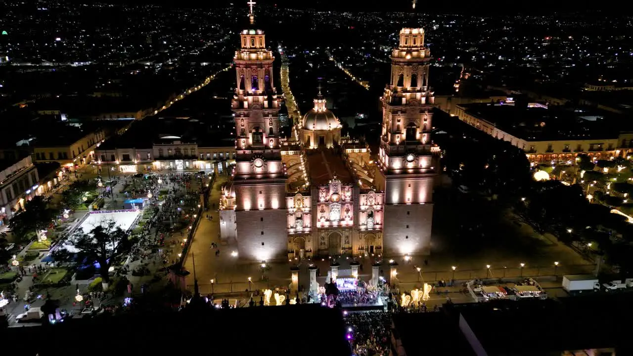 Morelia Cathedral in the historic center Christmas time at night with drone