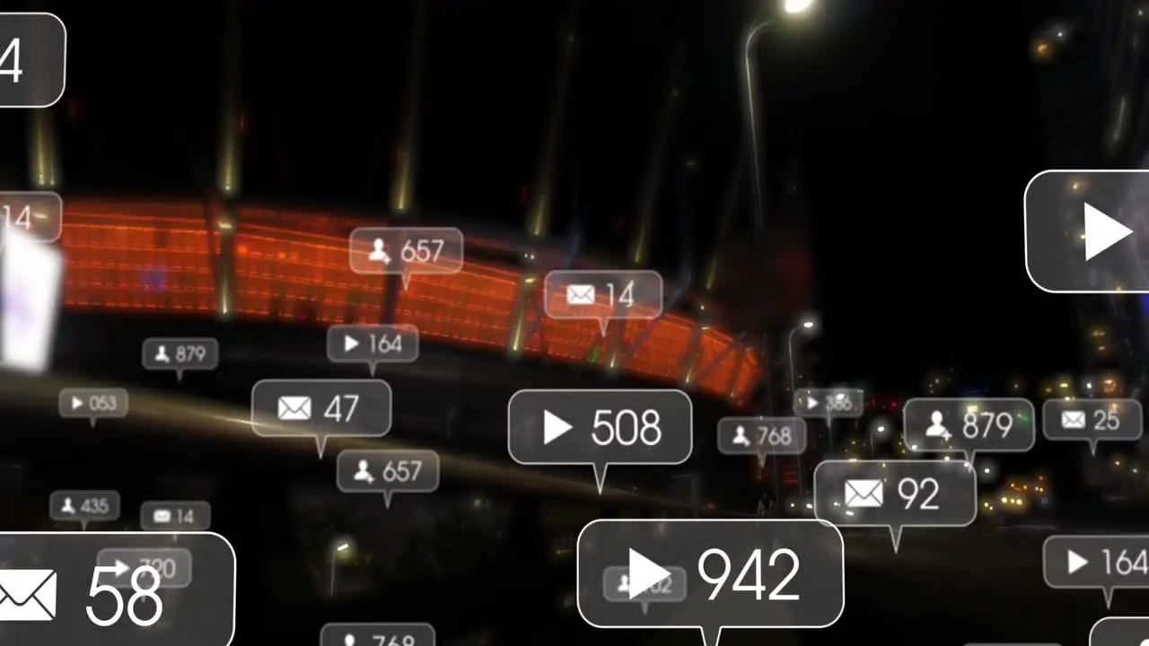 Animation of social media icons against night city traffic