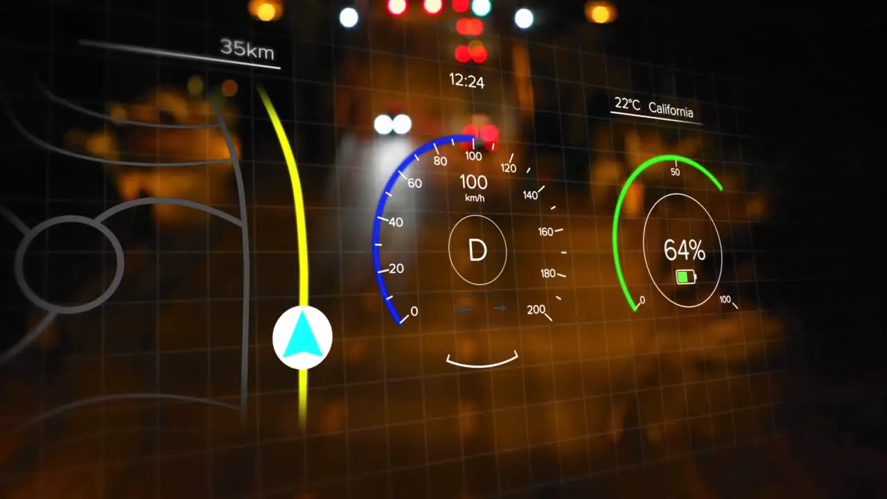 Animation of car interface wot navigation and speedometer against night city traffic