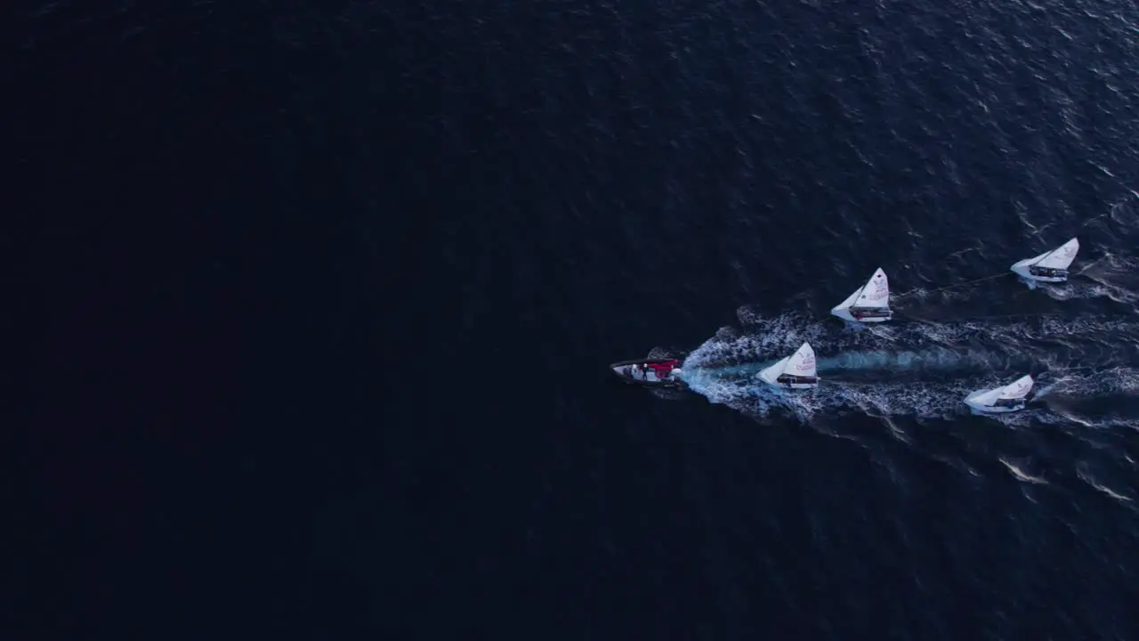 Motorboat towing four white sail boats on dark blue sea sunset top down aerial