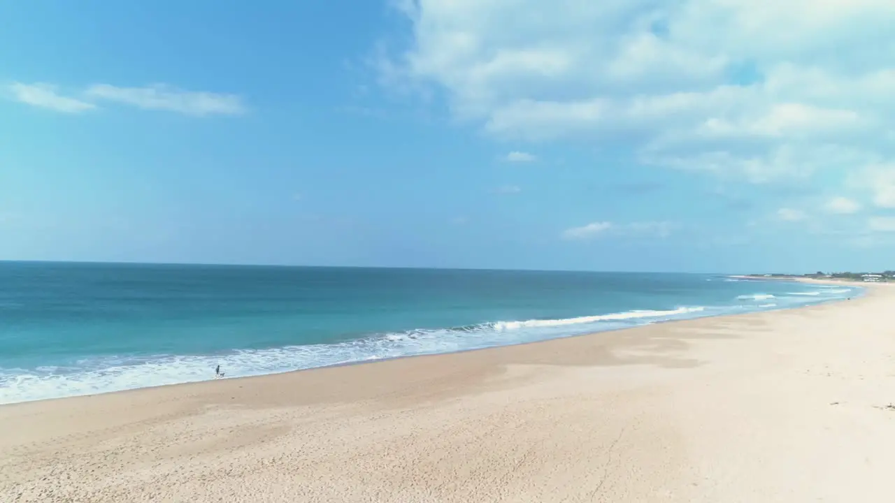 Aerial panning view from sand beach to blue sea water over person walking a dog