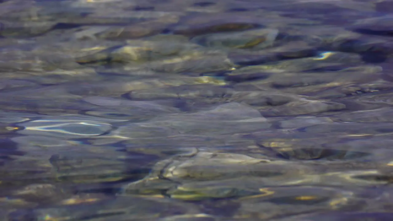 Liquid texture of lake water reflecting sunlight on shore with pebbles