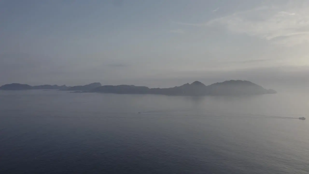 Cies Islands With Fog In Galicia Spain aerial drone shot