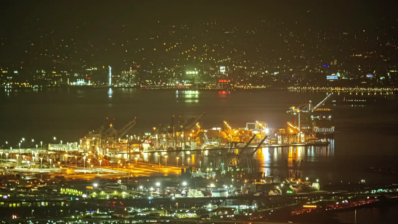 San Francisco busy cargo marina port at night time lapse moving ships USA