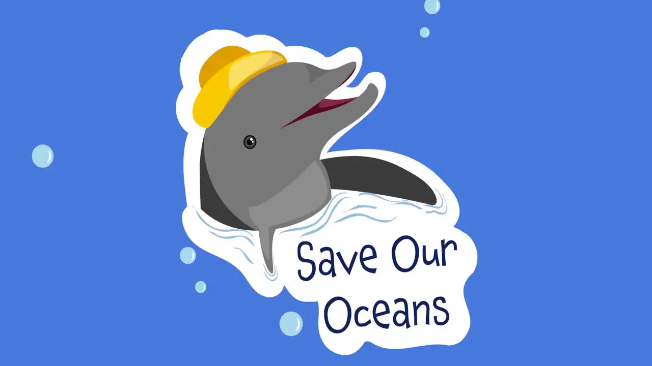 Animación Del Texto De Salvar Nuestros Océanos Y El Logotipo De Delfines Sobre Fondo Azul