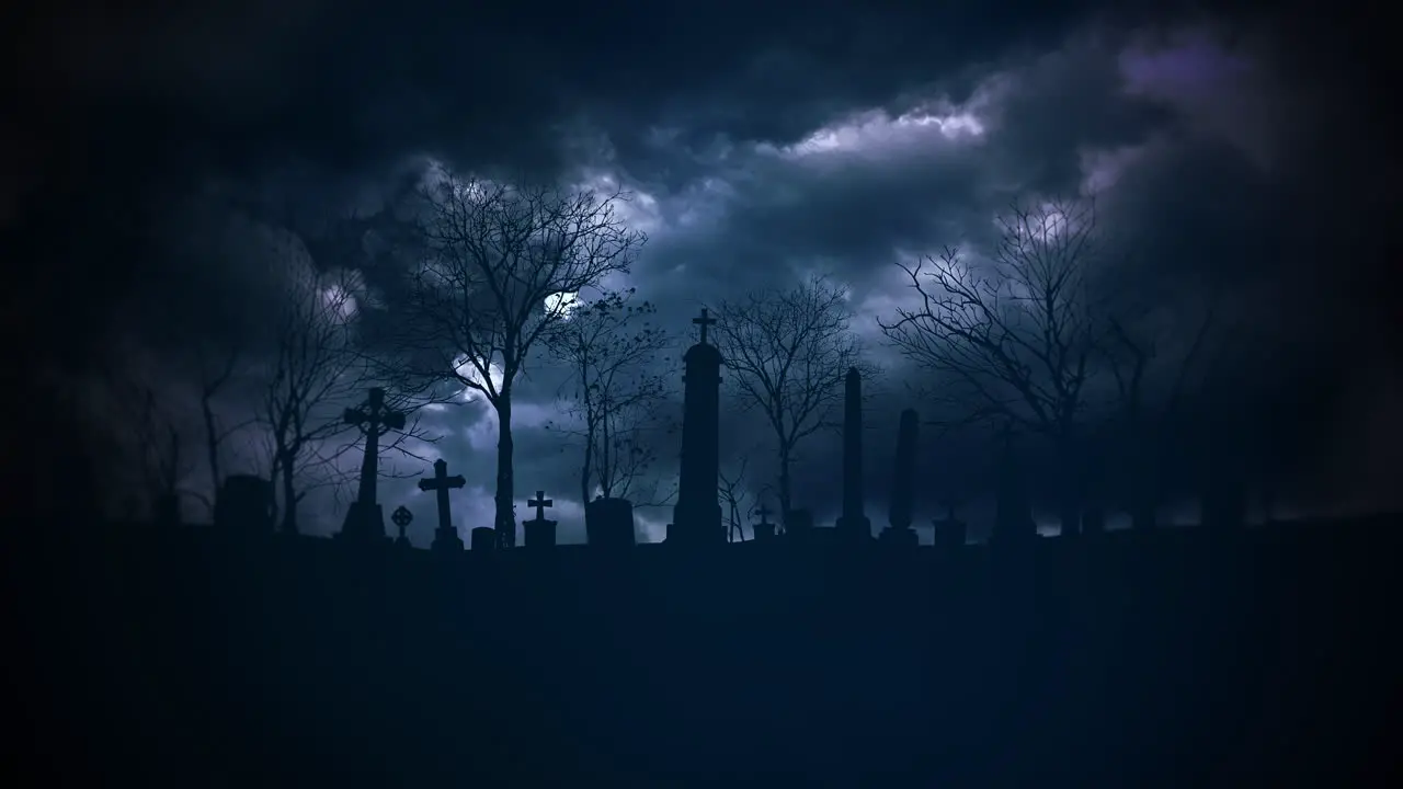 Mystical halloween background with dark clouds and grave on cemetery abstract backdrop