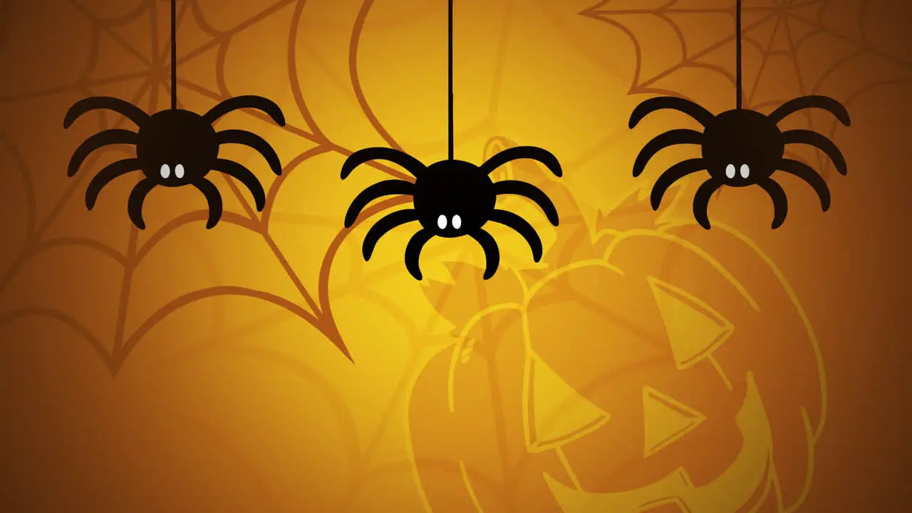 Halloween animation with spiders and pumpkin on yellow background