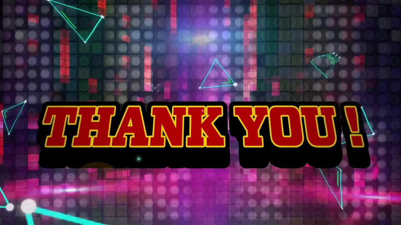 Animation of thank you text banner against neon triangular shapes and mosaic squares