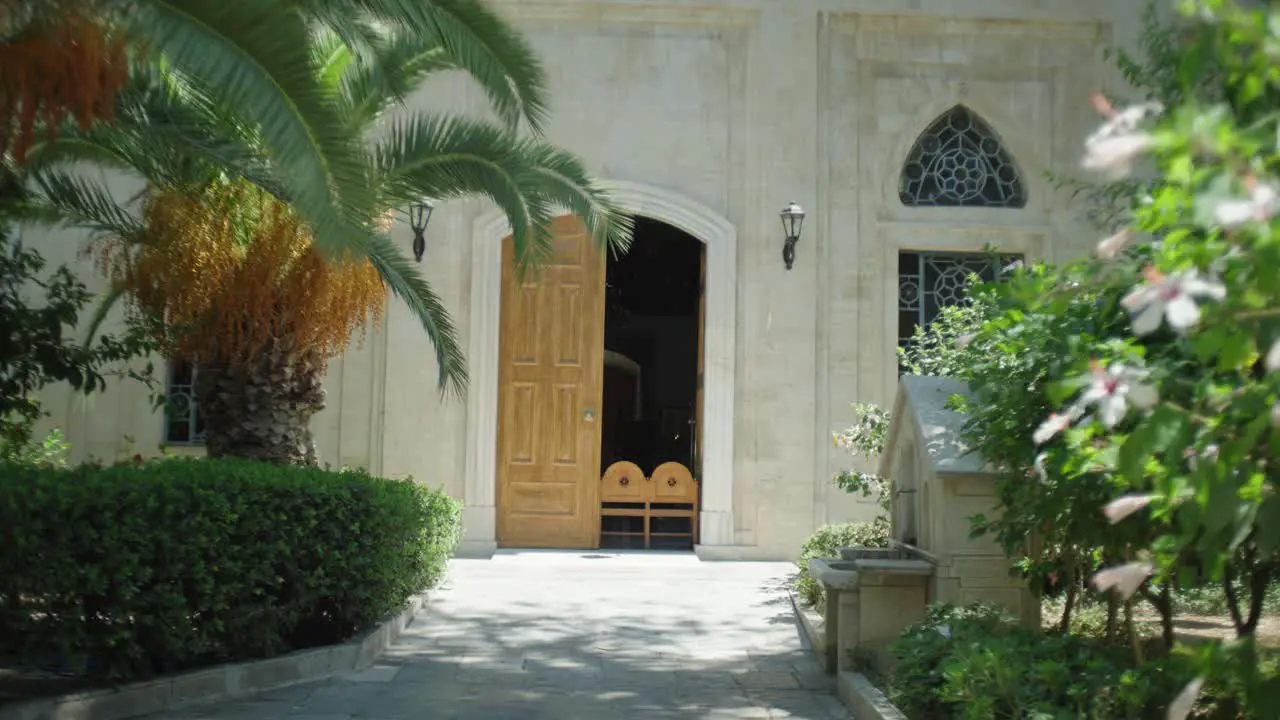 Wide shot of beautiful ornate doorway in european city