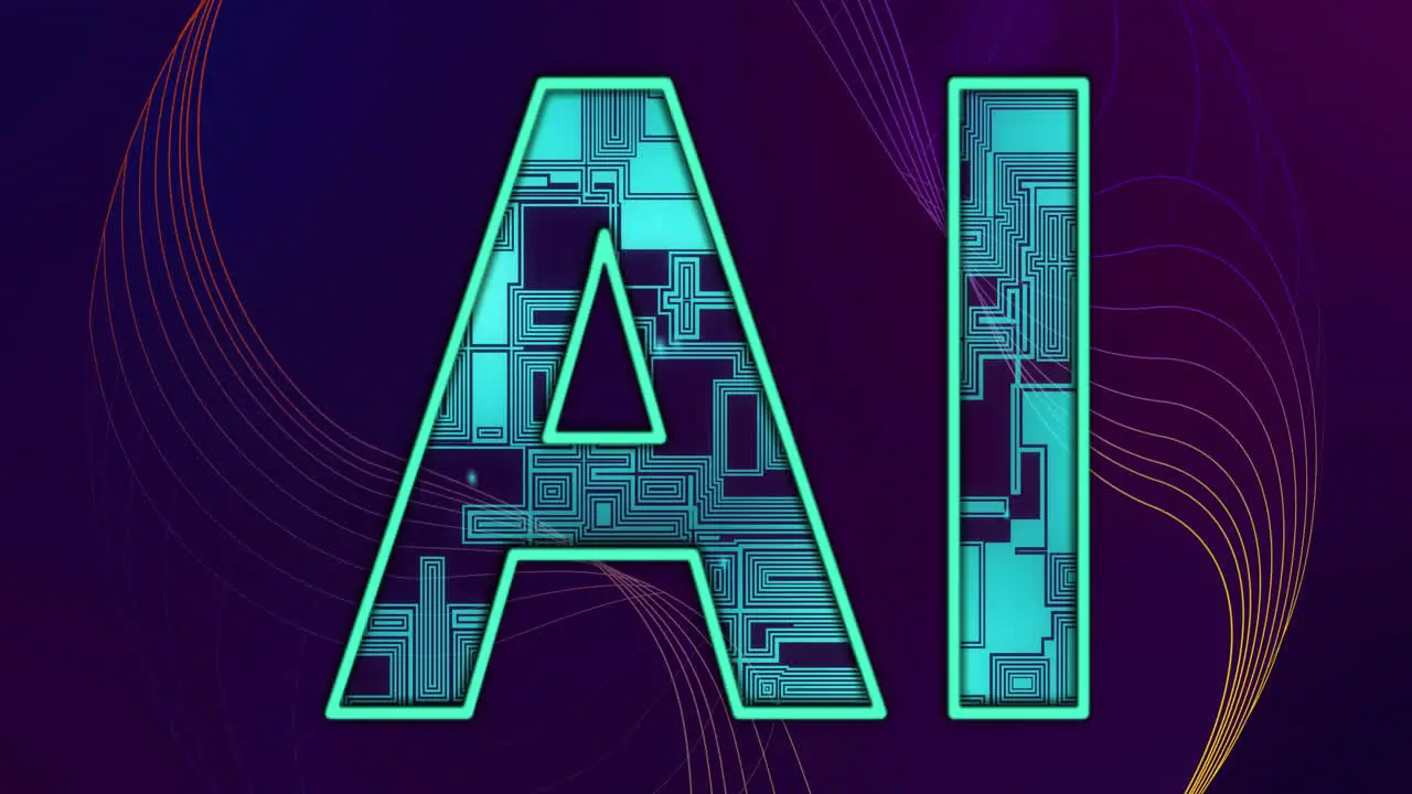 Animation of processing motherboard in ai text and 3d network on dark background