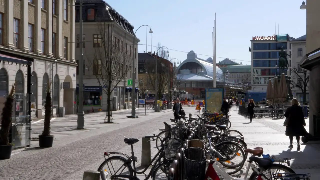 Citycenter view of historical building bike parking in Kungsportsplatsen