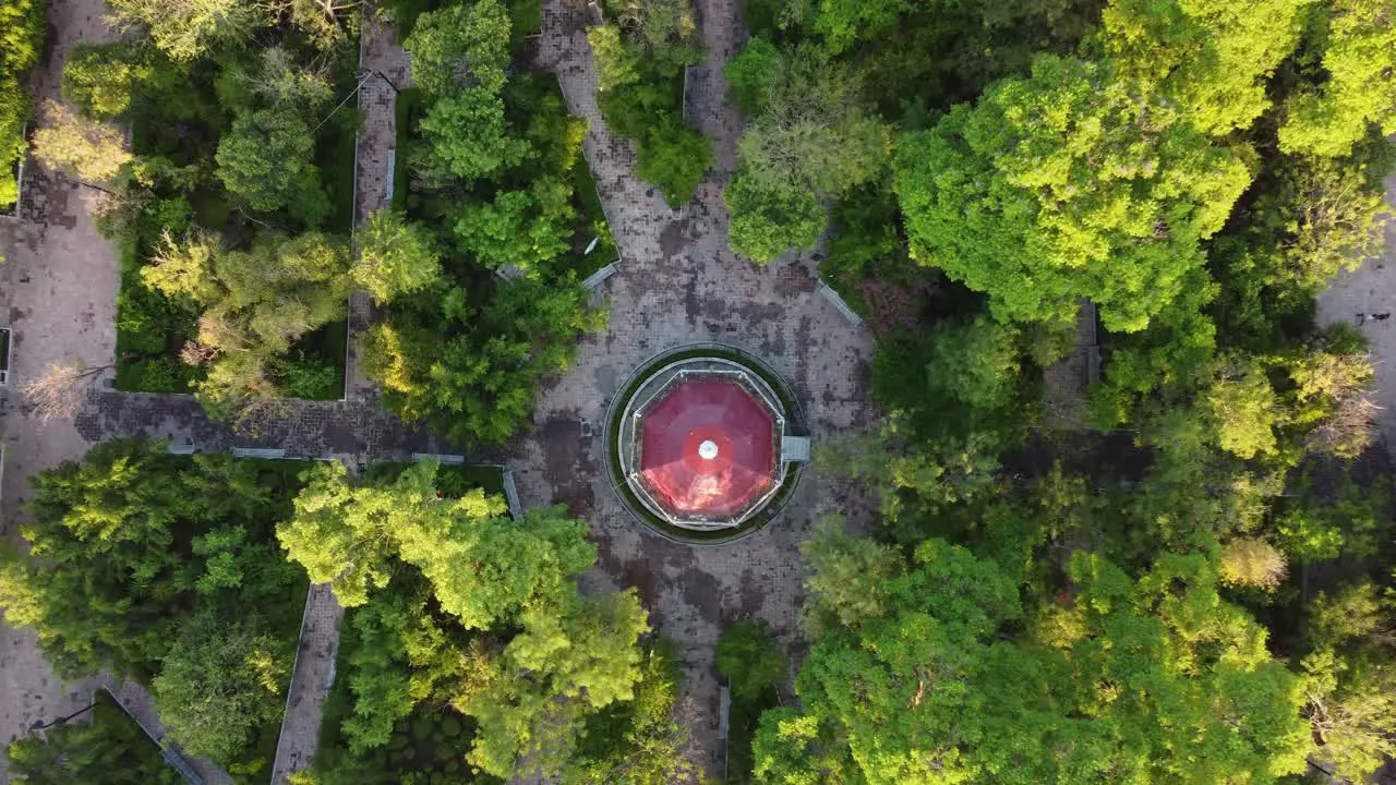 Aerial shot of a kiosk and ends with a church in Aguascalientes Mexico