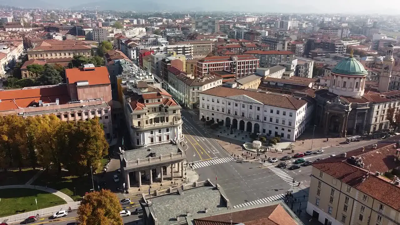 Street intersection and rooftops of Bergamo city aerial drone view