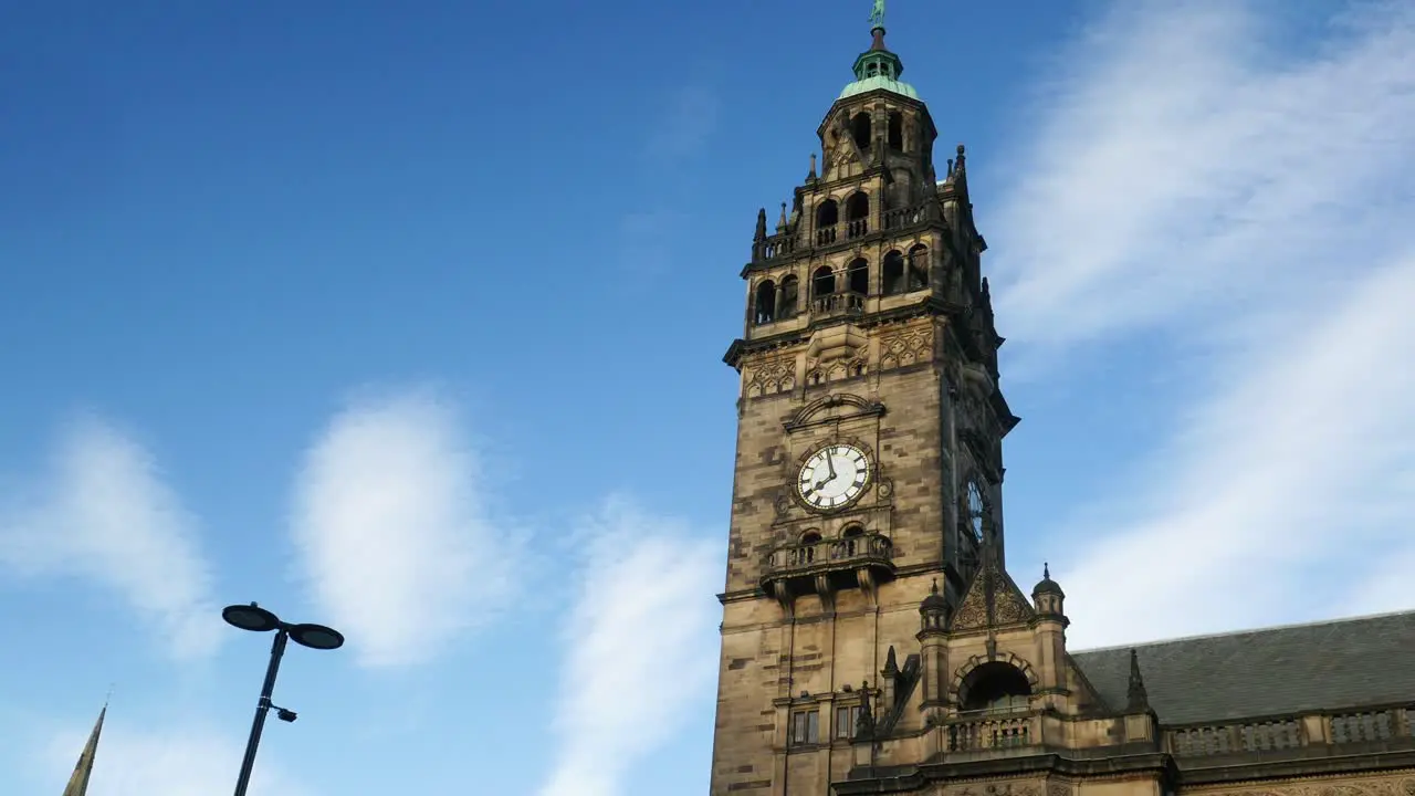 Town Hall Sheffield Lower Angle framed right wide shot top to bottom Sheffield City Centre near Peace Gardens Main Building Summer Sunny Day 4K 25p