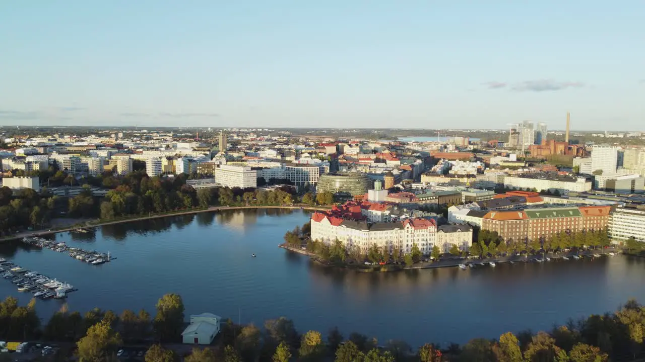 Evening flyover Peaceful marina in Kaisaniemi Bay of Helsinki Finland