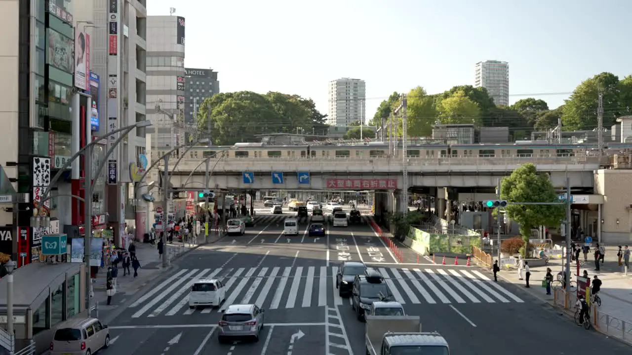 Tokyo Metro Train Going Past On Elevated Track Above Road In Ueno