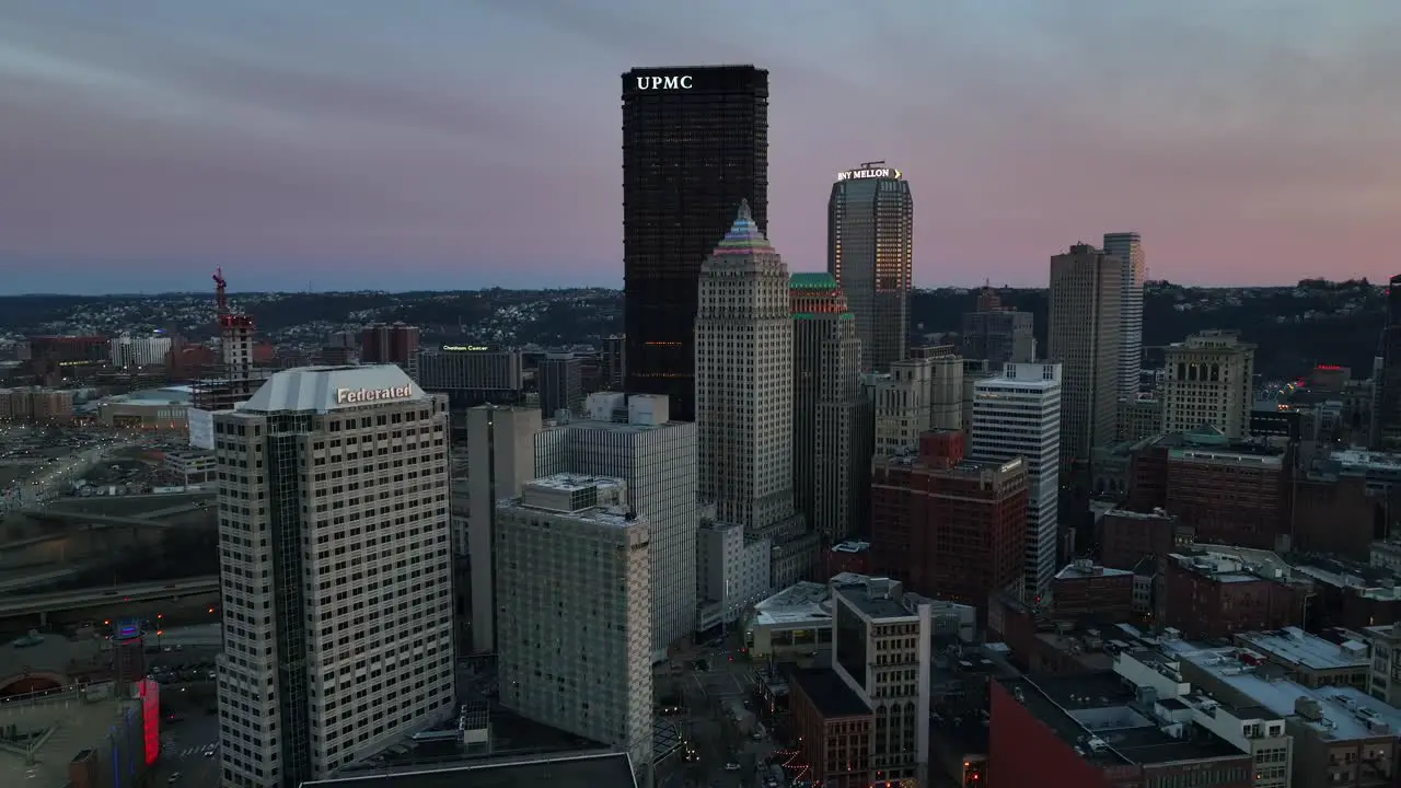 Aerial view of American city at sunset