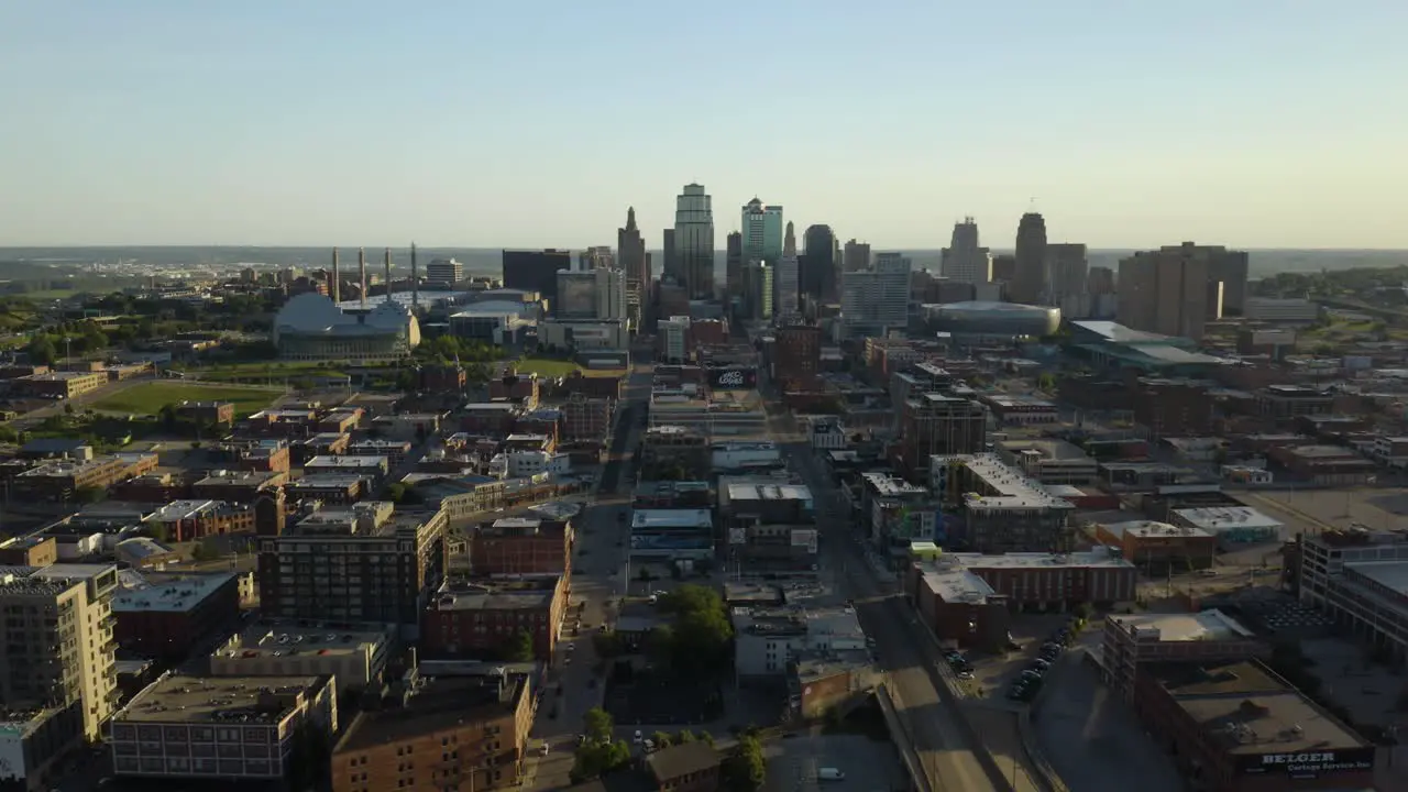 Birds Eye Aerial View of Downtown Kansas City Missouri during Sunrise