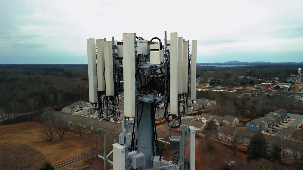 Aerial Shot Approaching Cell Phone Tower Close Up