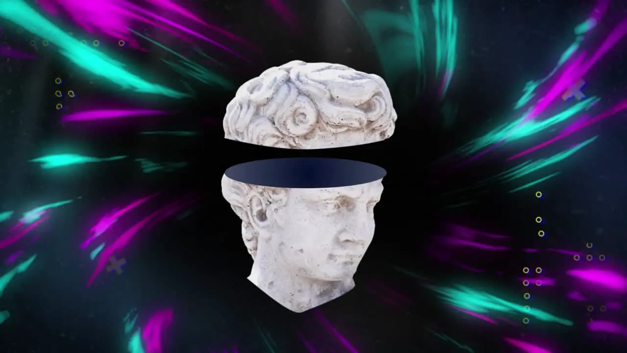 Animation of antique sliced head sculpture over multicoloured background