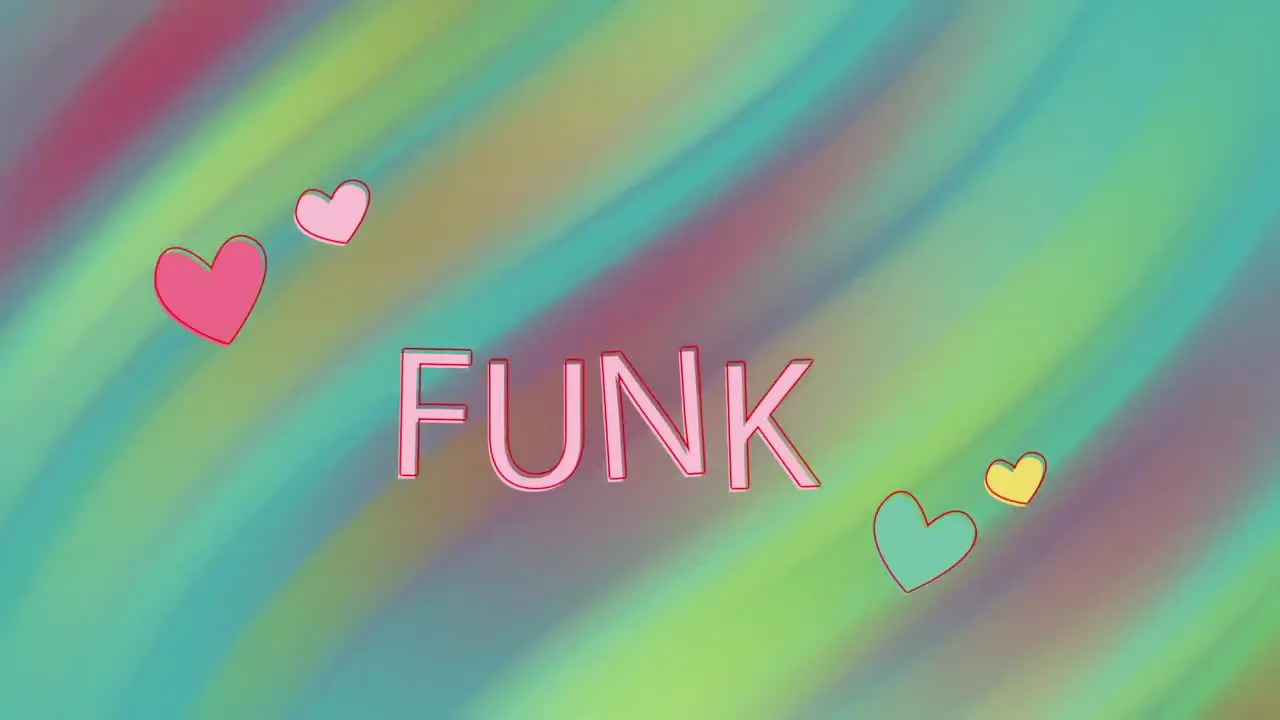 Animation of funk text and hearts on green background