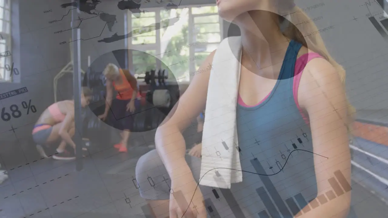 Animation of statistical data processing against portrait of caucasian fit woman at the gym