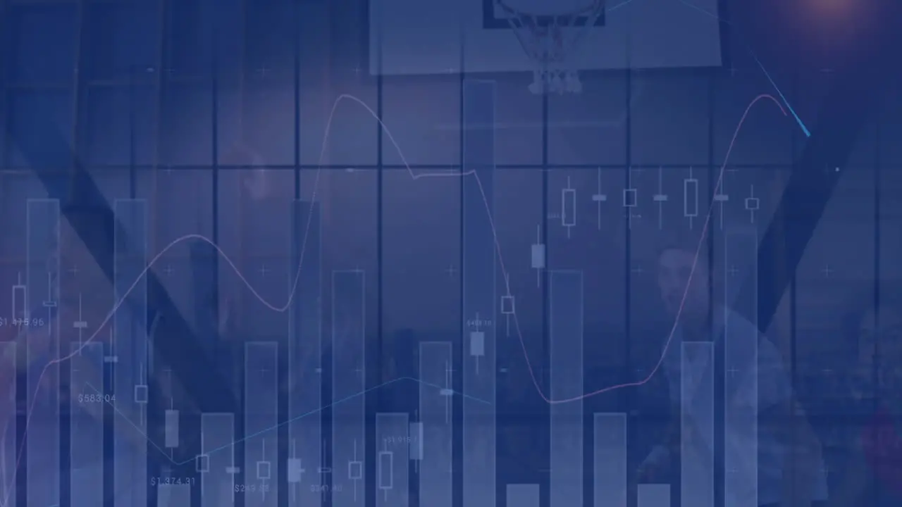 Animation of statistical data processing over team of male players playing basketball in the court