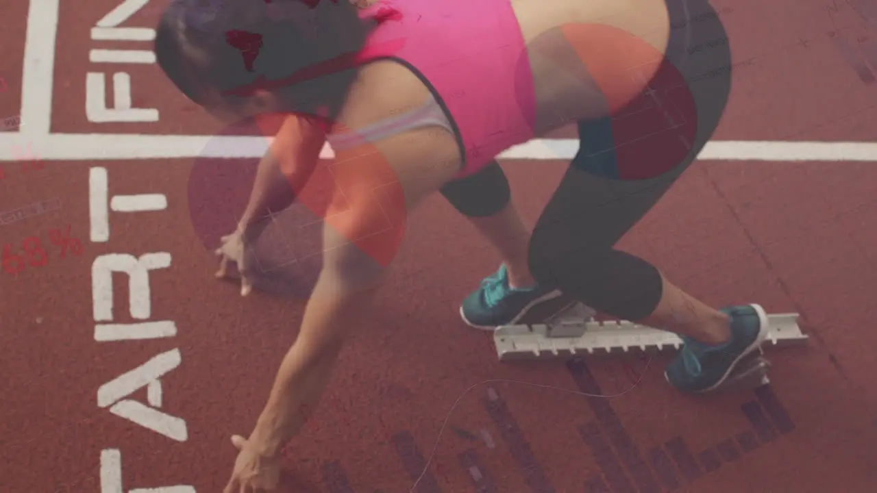 Animation of statistical data processing against female athlete running from starting position