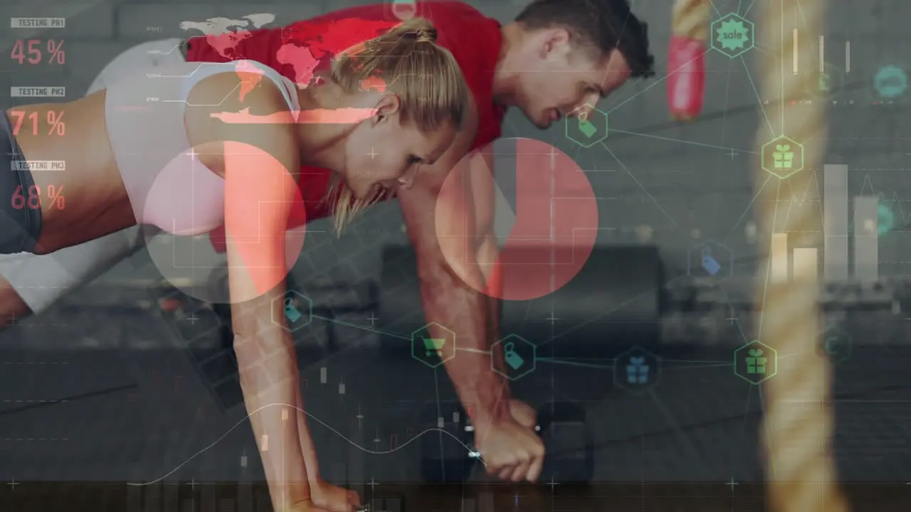 Animation of statistical data processing over caucasian fit couple working out with dumbbells at gym