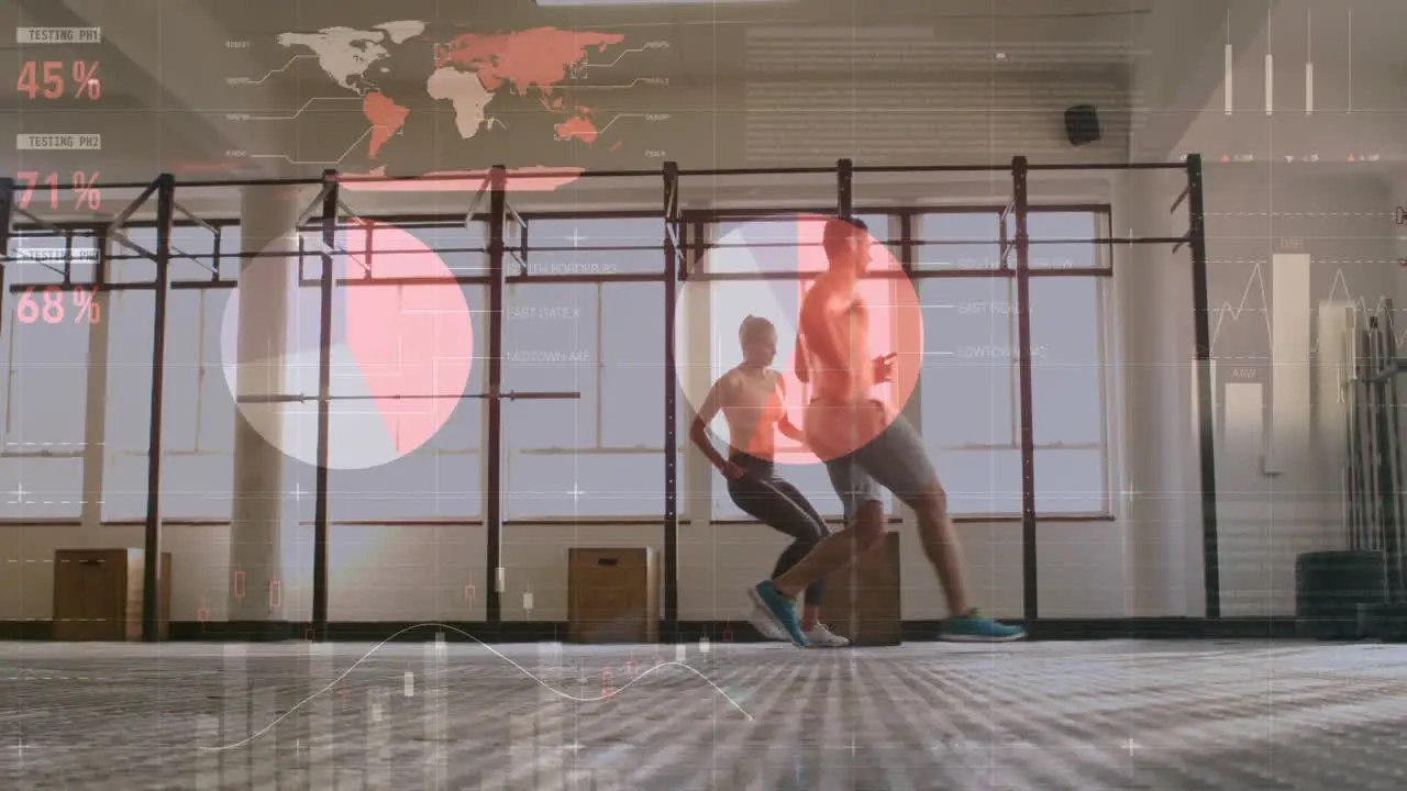 Animation of statistical data processing against caucasian fit couple running at the gym