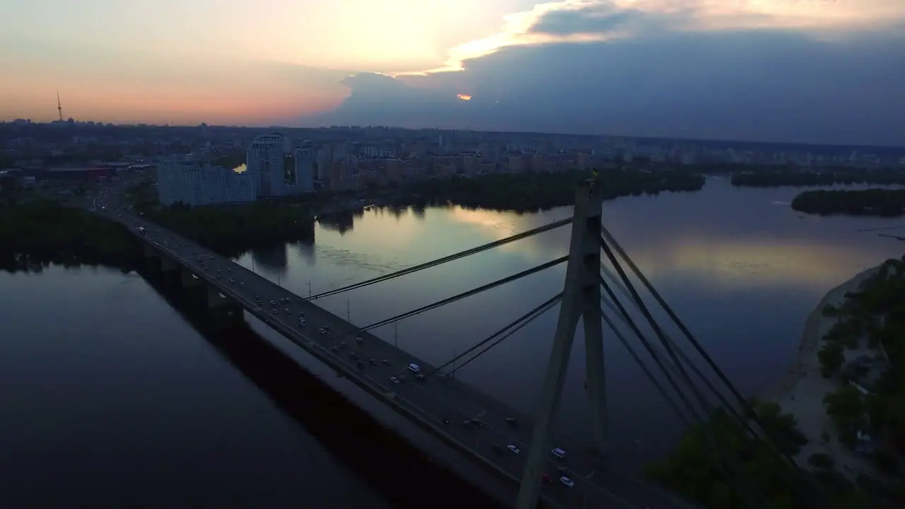 Panorama city on evening sky landscape Aerial view car bridge in evening city