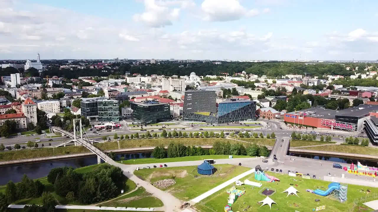 Nemunas island and Kaunas cityscape on sunny bright day aerial view