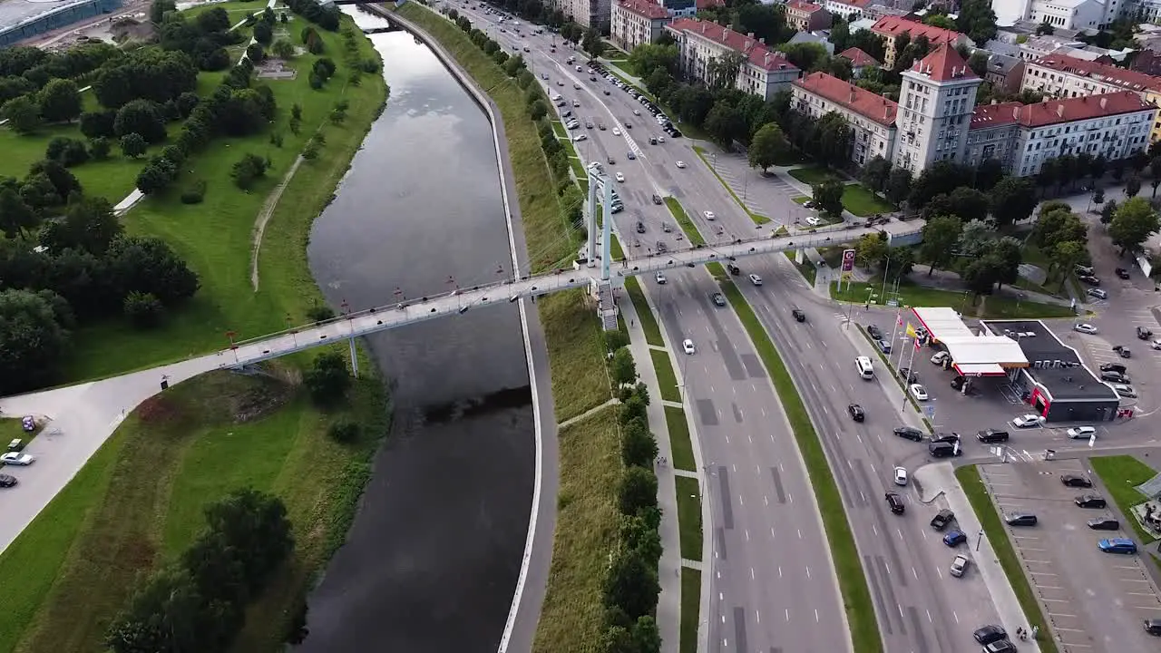 Simonas Daukantas bridge in Kaunas city over King Mindaugas avenue aerial view