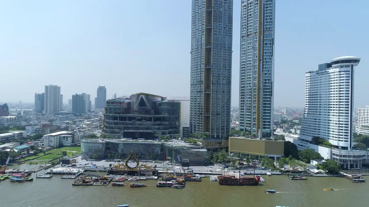 Slow moving forward shot of Icon Siam Under construction Bangkok Thailand