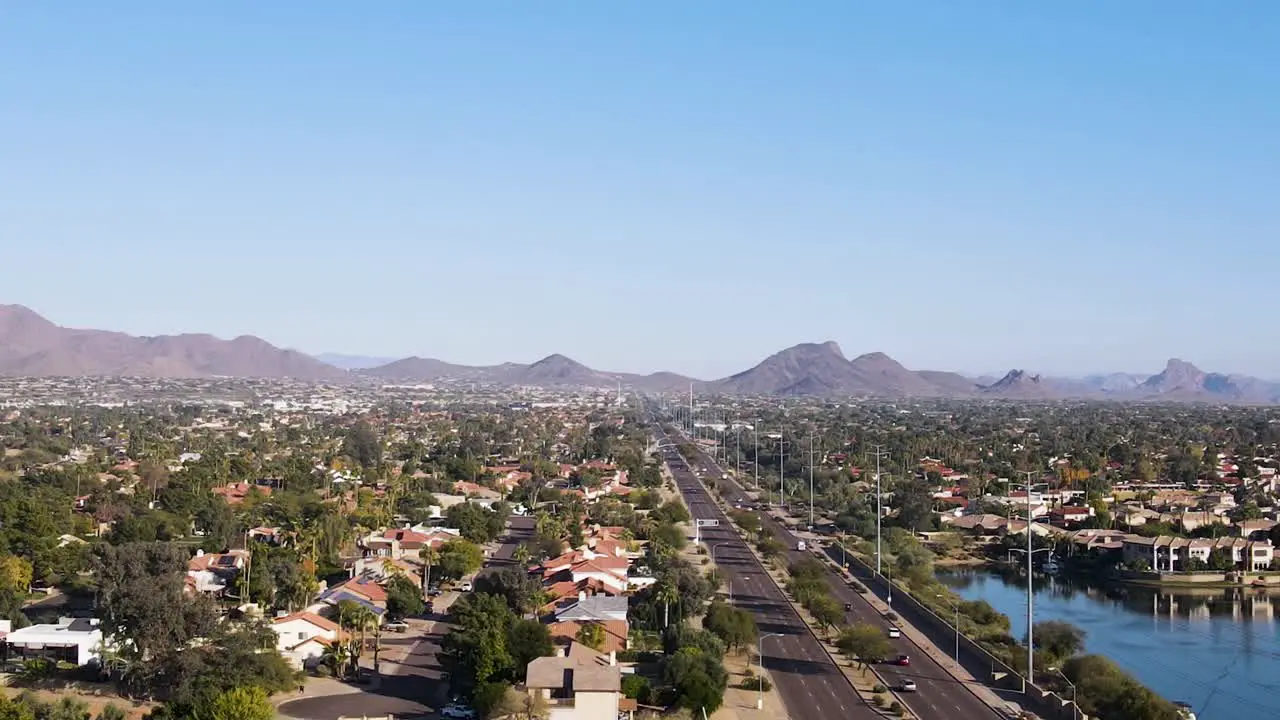 City Suburbs in Desert Landscape of Scottsdale Arizona Aerial Establishing with Copy Space in the Sky