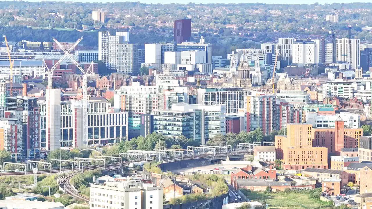 Telephoto drone shot Leeds City Centre in England