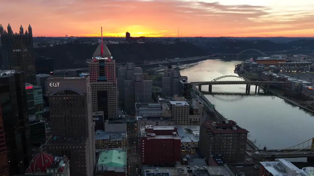 Downtown skyline and river under beautiful sunset