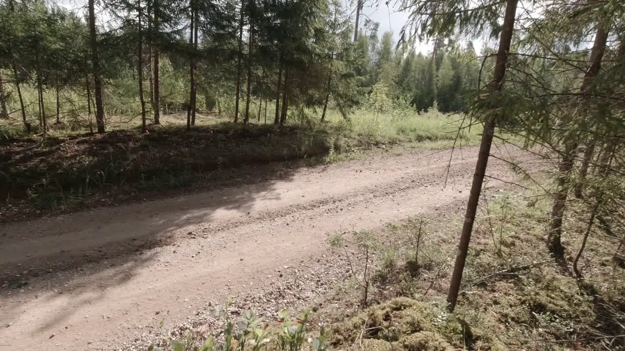 WRC rally race fly by on gravel road so rocks and sand everything is thrown to air